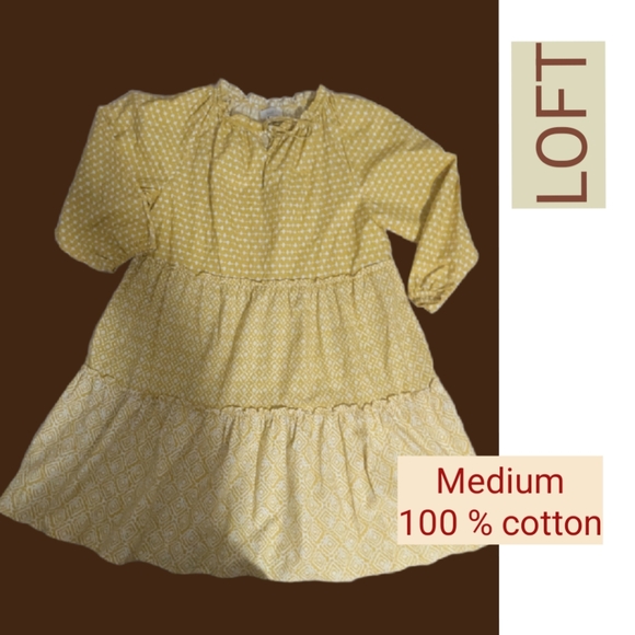 LOFT Dresses & Skirts - Loft Tiered Cotton Dress Sz M  Mustard Yellow Multi Print Knee Puff Sleeve 🌼(4)